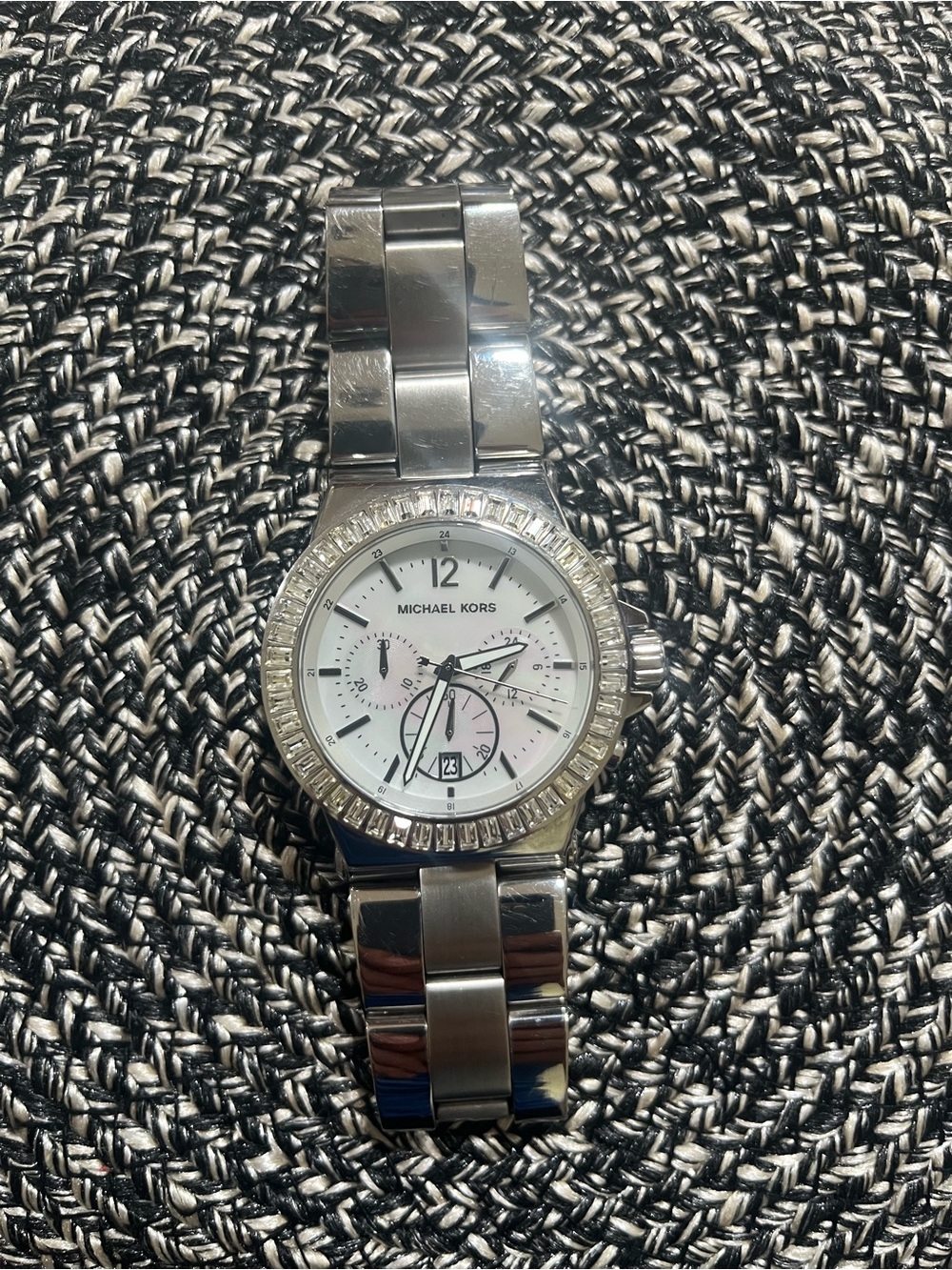 Michael Kors Silver Stainless Steel Crystal Bezel Watch with White Dial